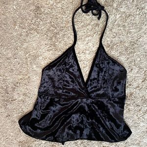 Womens black velour halter crop top w/ open back